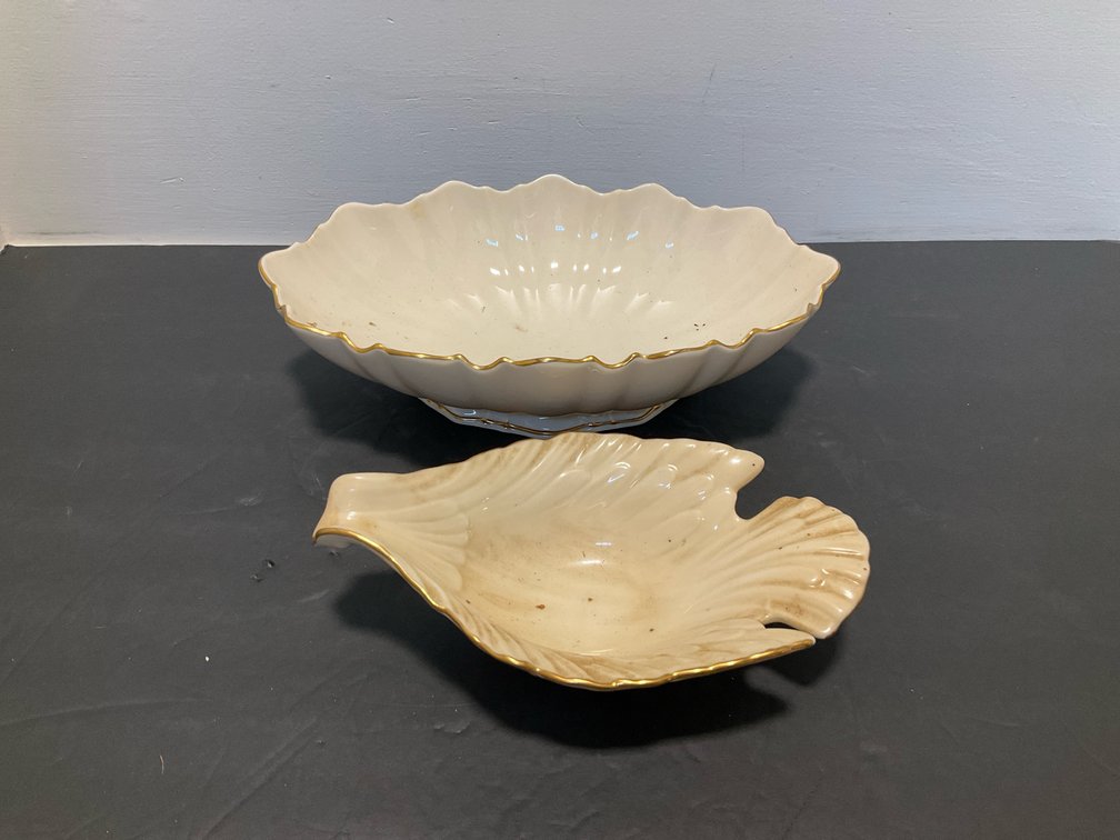 2 Lenox ivory china centerpiece bowl & shaped dish