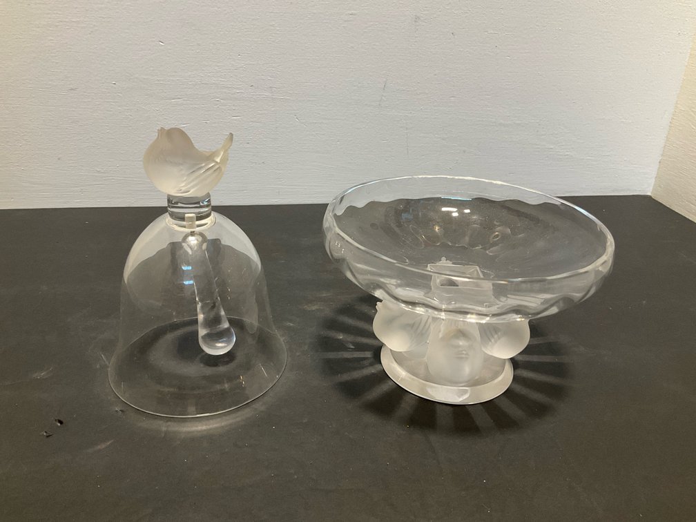 Lalique crystal bird items with bowl & bell