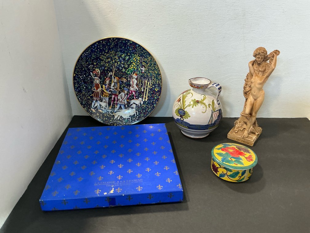 Decorative plate, pitcher, figurine & trinket box