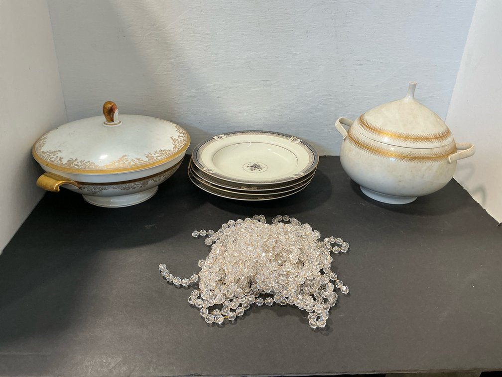 Covered porcelain tureens, soup bowls & bead garland