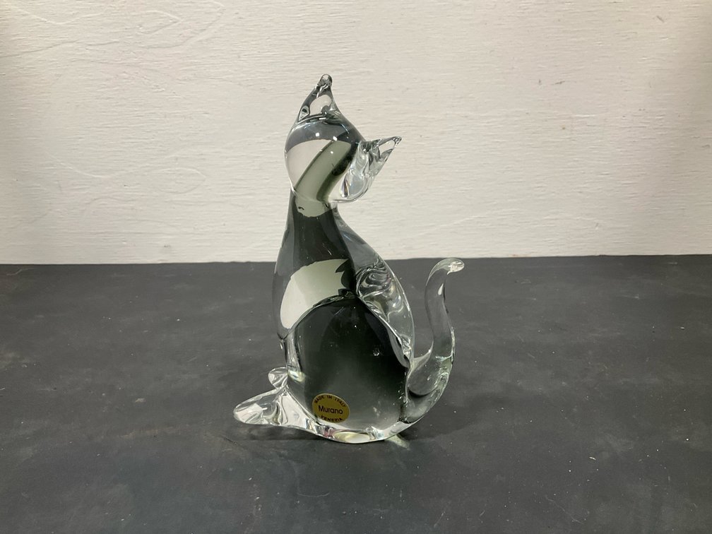Murano clear art glass seated cat figurine