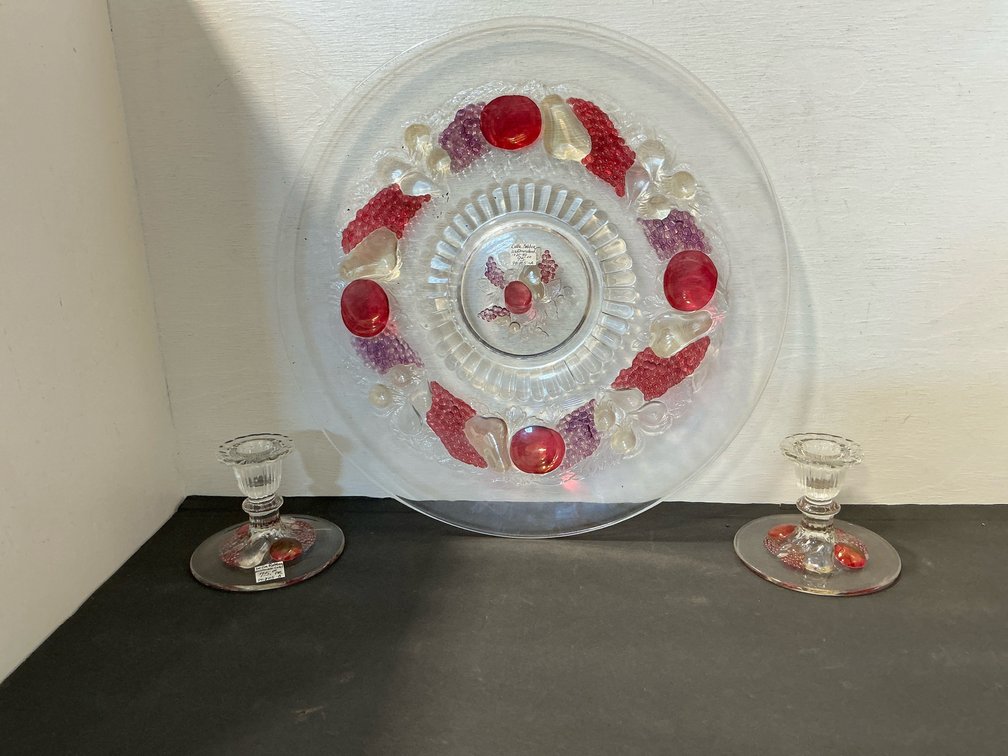 Glass platter & pair of candlesticks with molded fruit