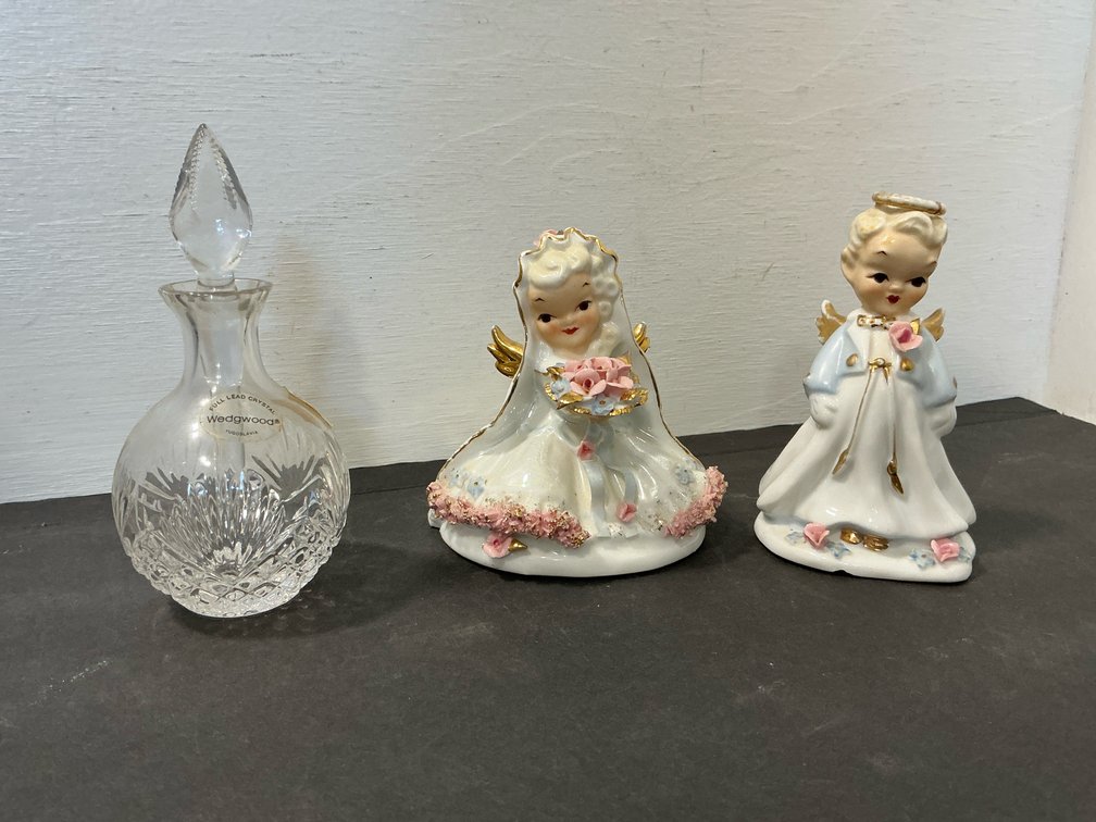 Cut crystal perfume bottle & porcelain angel figurines