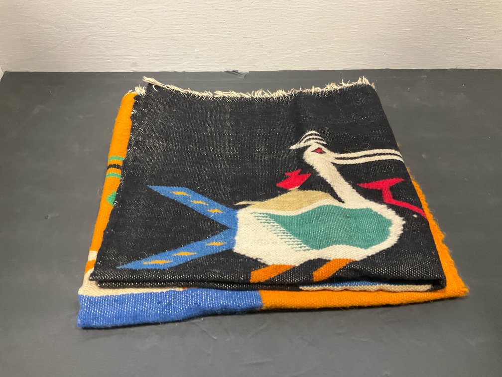 Pair of woven pictorial textiles with bird & figure motifs