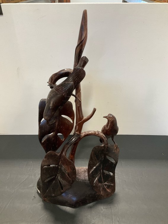 Carved wood birds & monstera leaf sculpture
