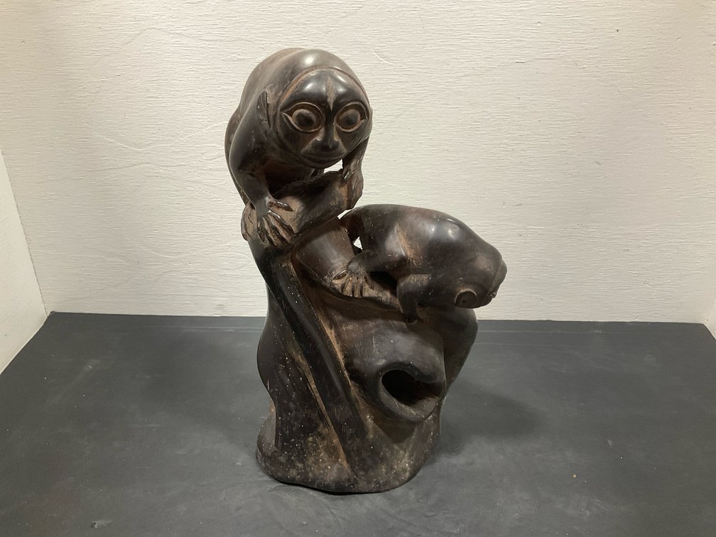 Peter Rugama carved wood monkey sculpture