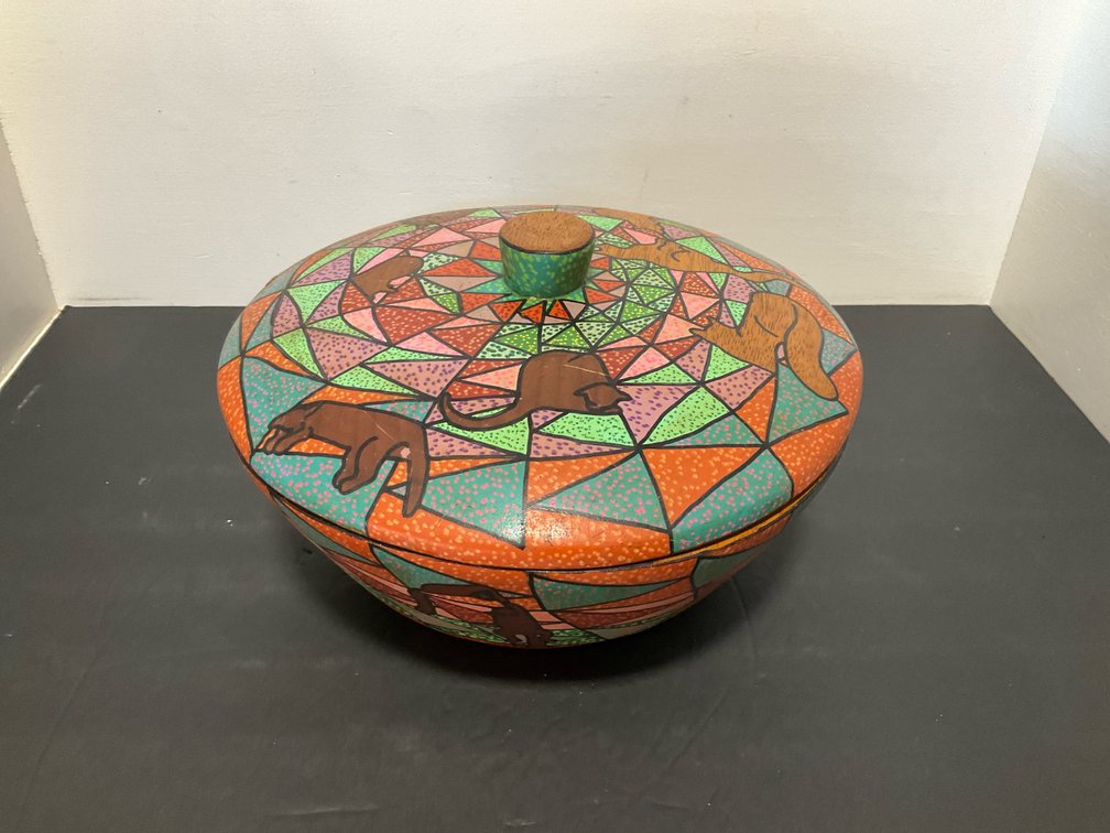 Hand-painted wooden covered bowl with cat motifs