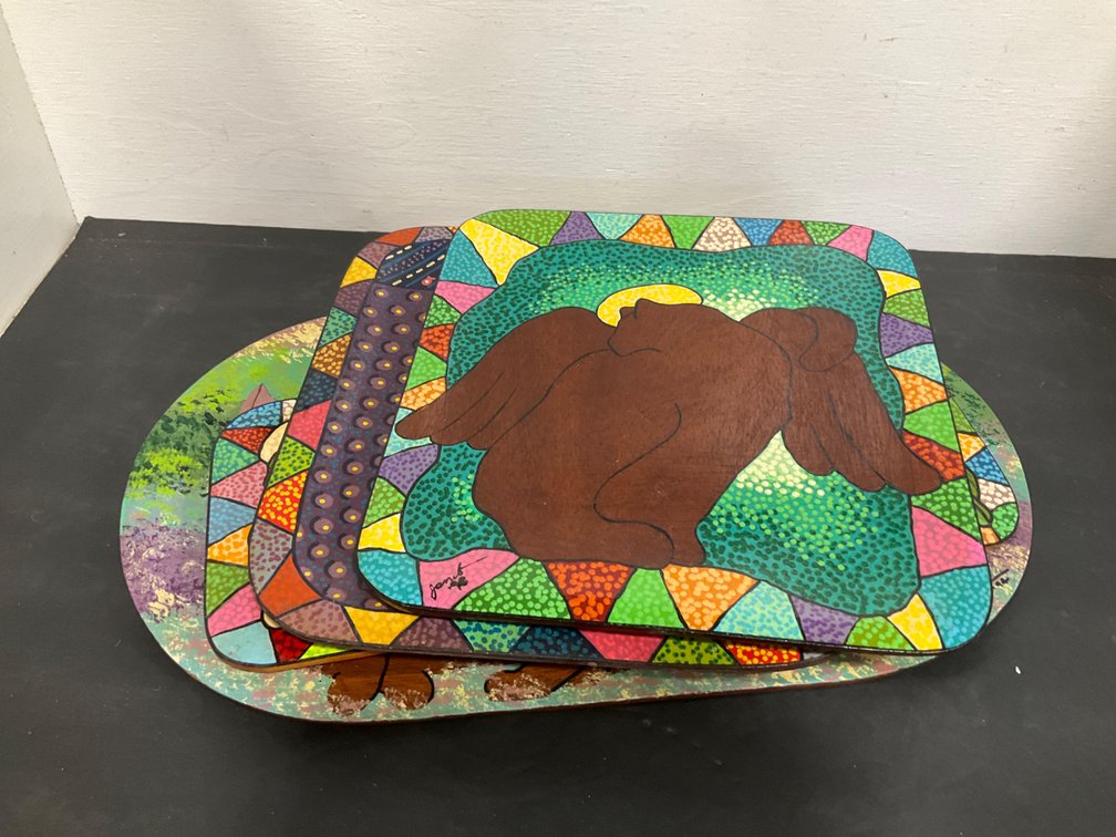 Grouping of hand-painted wooden trays & plaques