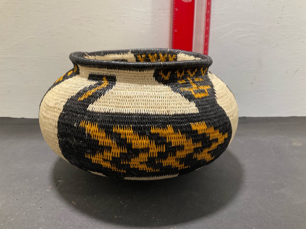 Coiled polychrome woven basket jar with animal motifs