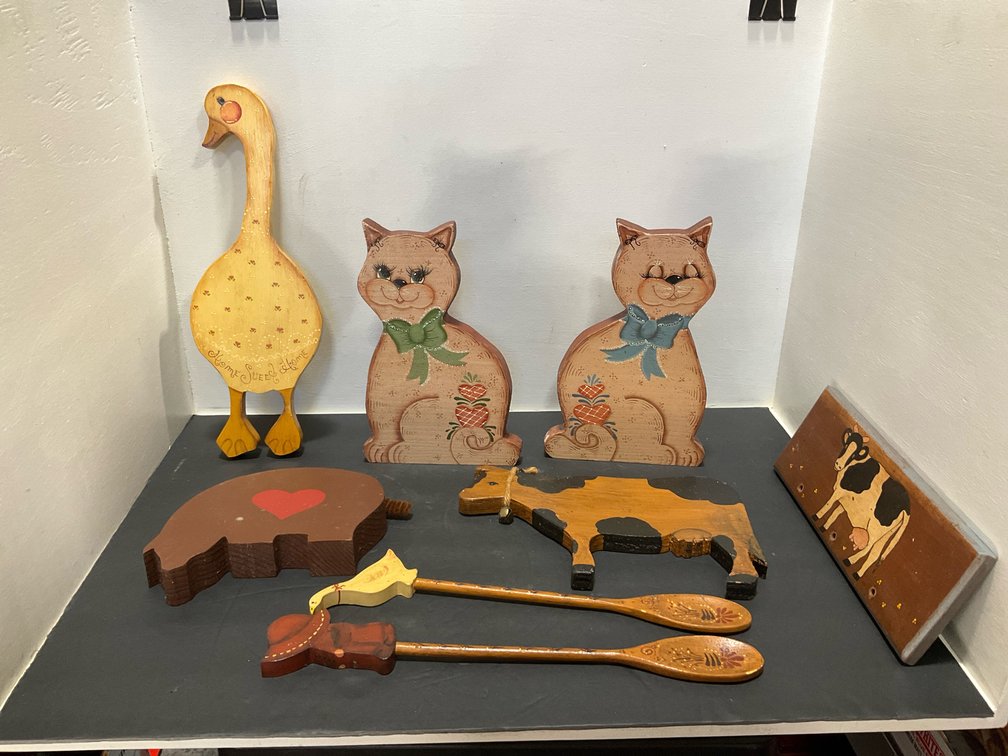 Grouping of painted wooden folk art decor pieces