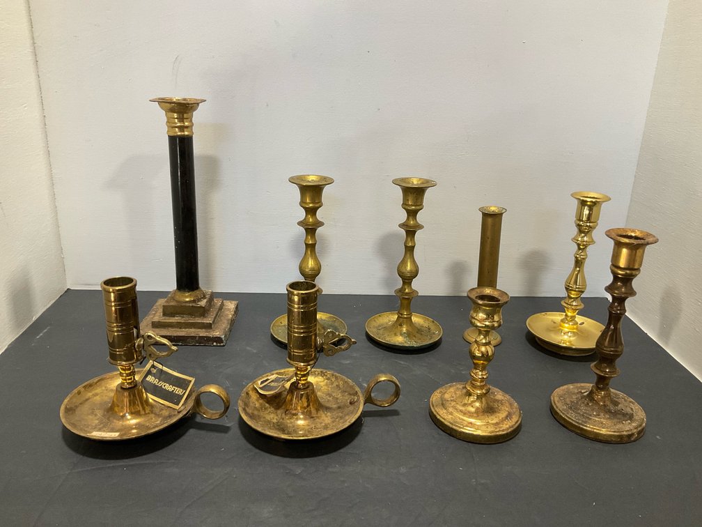 Grouping of brass candlesticks & candle holders