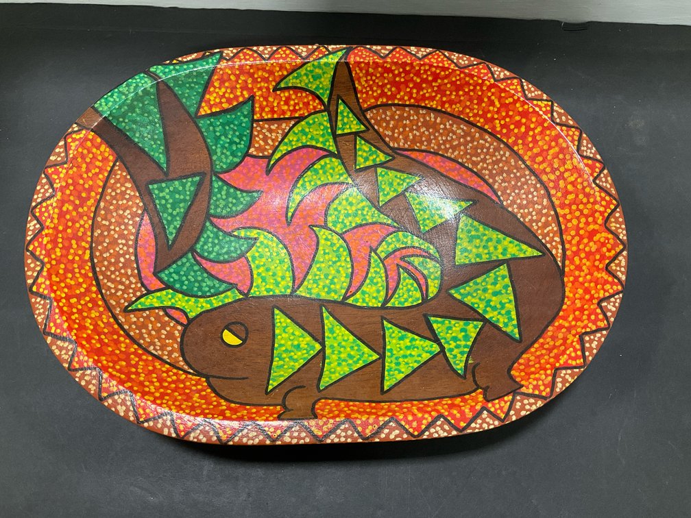 Hand-painted carved wood oval bowl with reptile motif