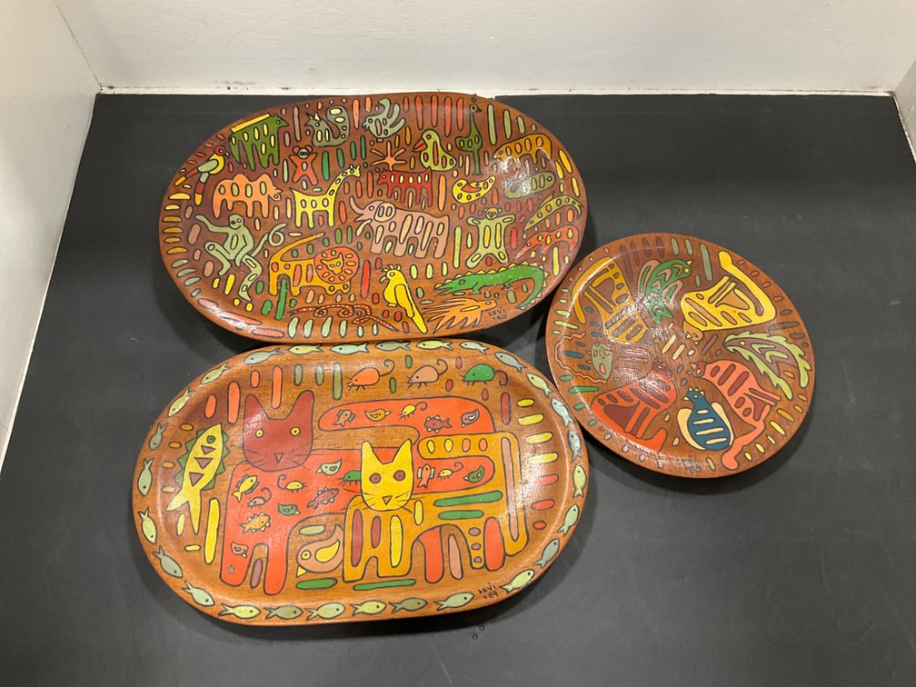 Levi hand-painted folk art wood platters & plate