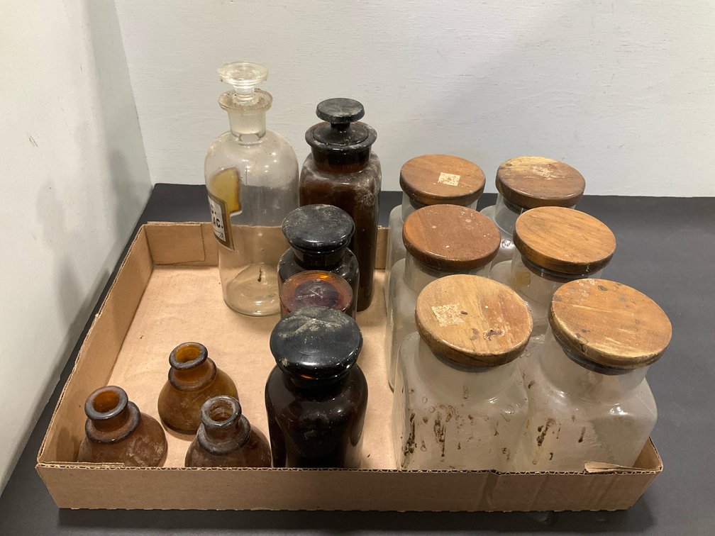 Clear & amber glass apothecary bottles & jars