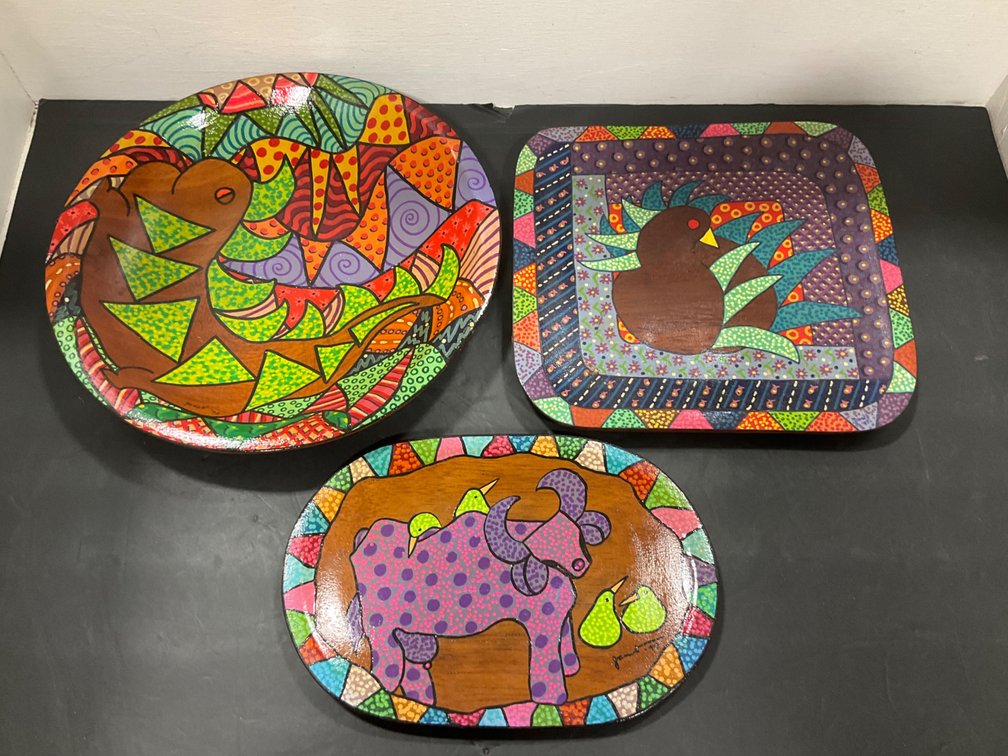 3 hand-painted folk art wooden plates