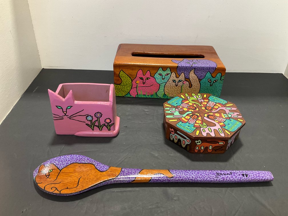 Grouping of hand-painted wooden cat-themed items