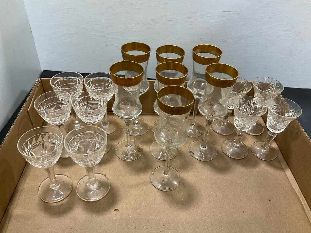 Assorted cut & gold-rimmed glass cordials