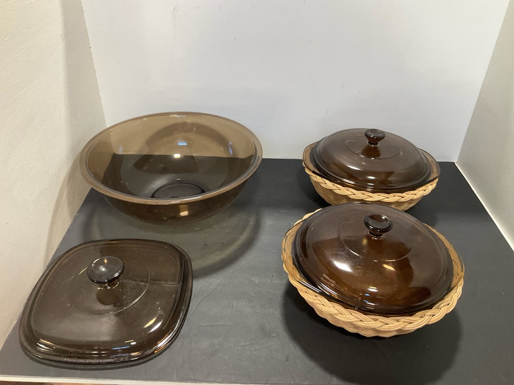 Amber glass cookware & serving set with wicker baskets
