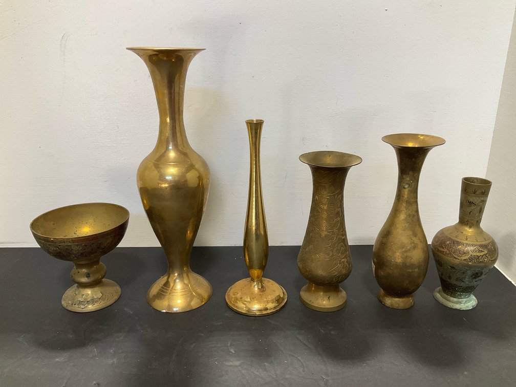 Grouping of brass vases & pedestal bowl