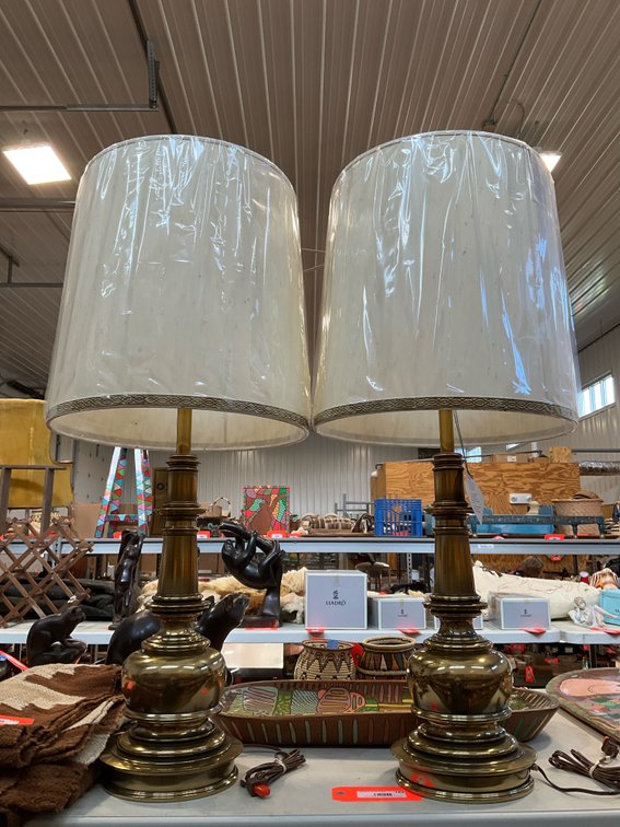 Pair of Stiffel brass baluster table lamps, 34 in with shades