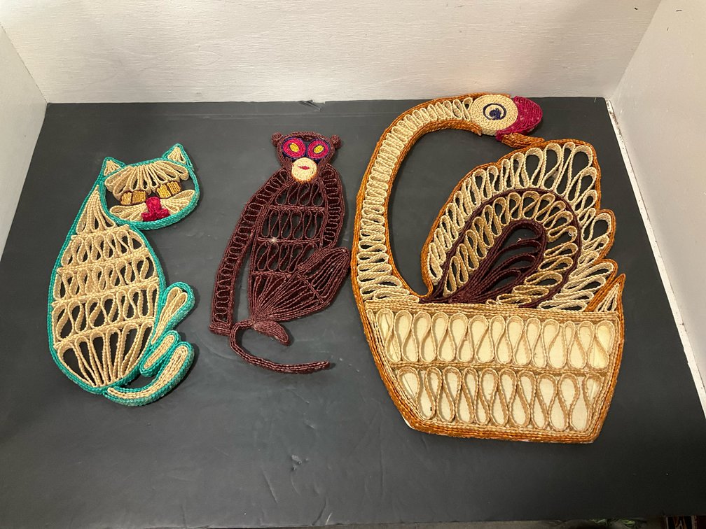 Group of woven cord & fiber animal wall hangings