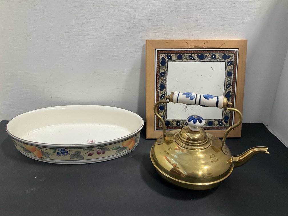 Grouping of brass kettle, ceramic baker & framed tile