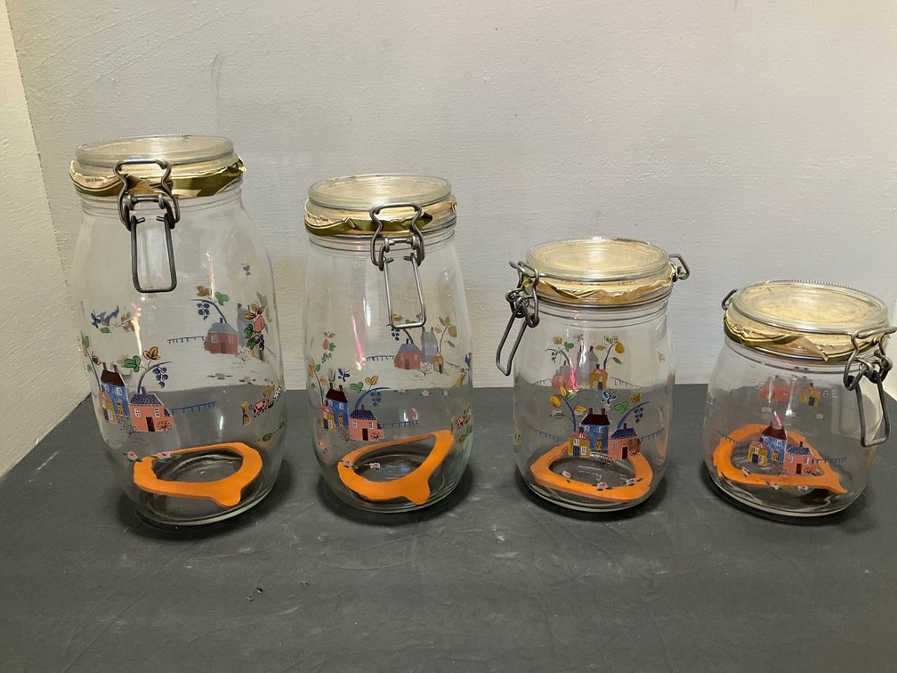 Arc France glass wire-bail jars with village scenes