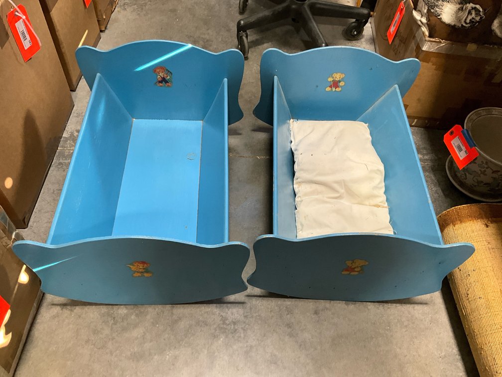 Pair of blue painted wood doll rocking cradles
