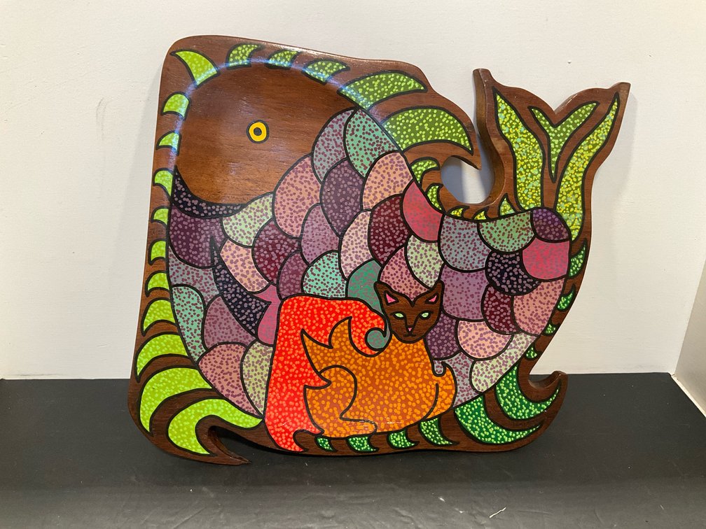 Carved wood fish tray with pointillist cat & fish
