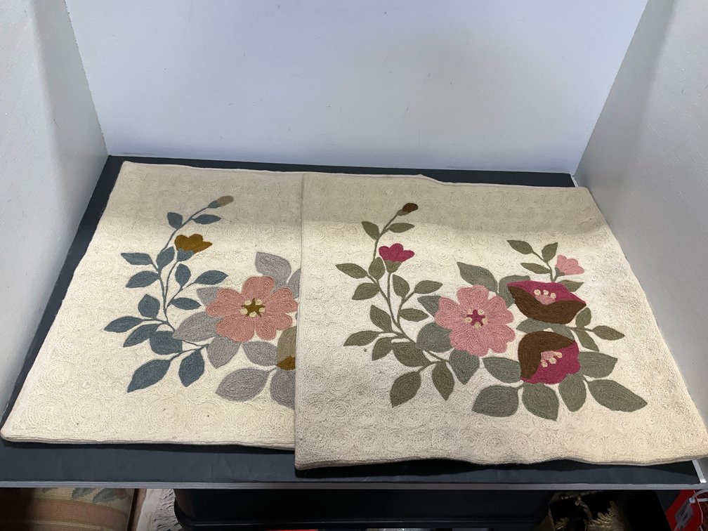 Pair of chain-stitch floral cushion covers