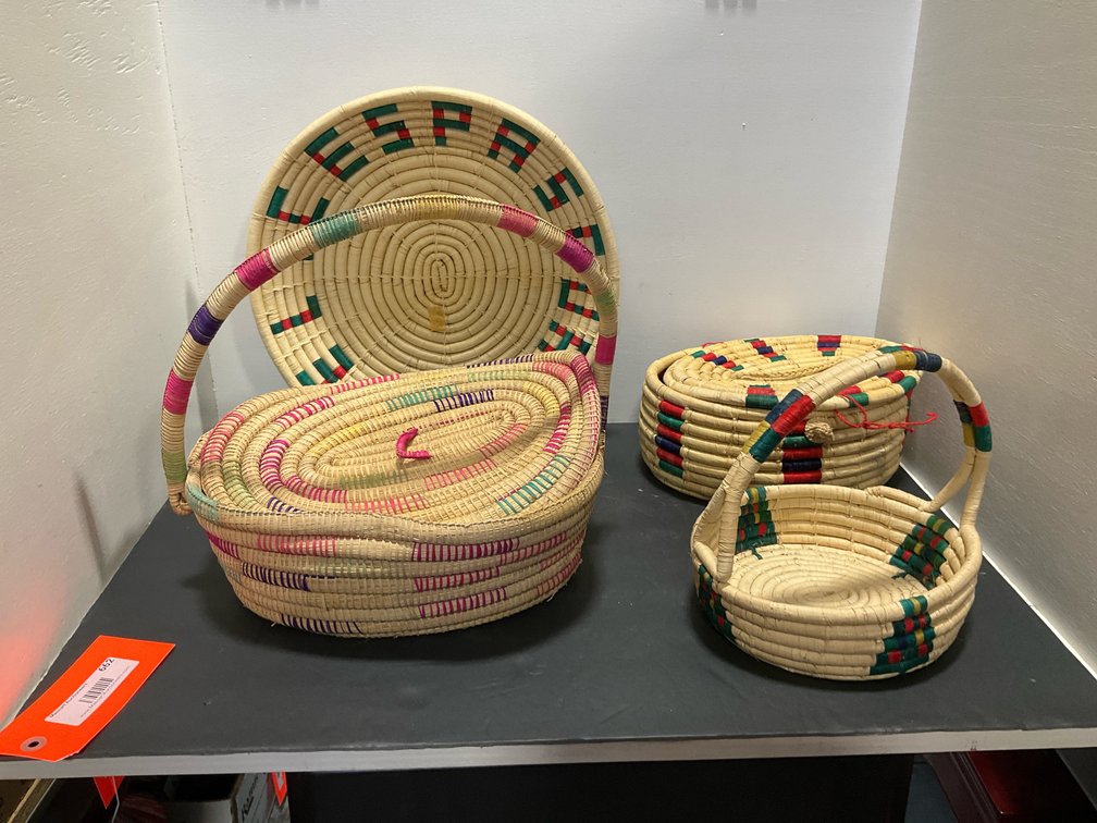 Set of coiled woven fiber baskets & tray
