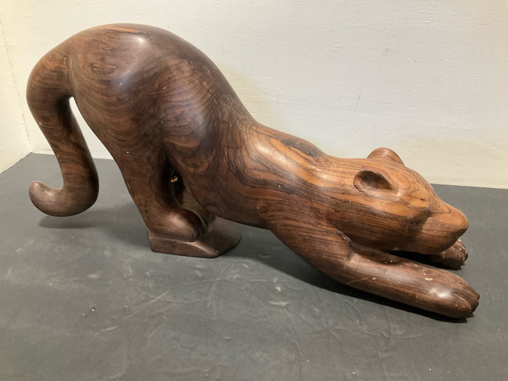 Carved wood crouching feline sculpture 16” long x 8” tall