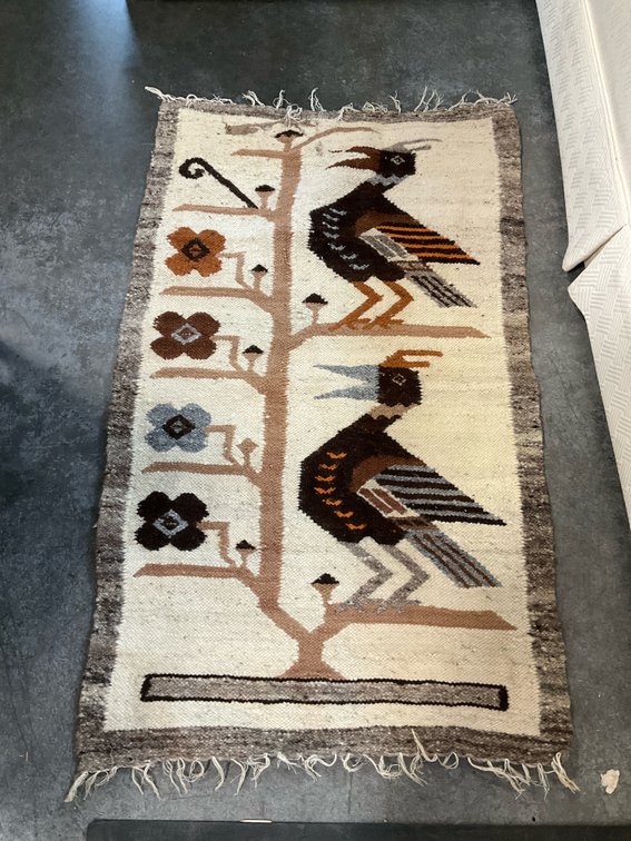 Handwoven wool runner with bird & tree motif