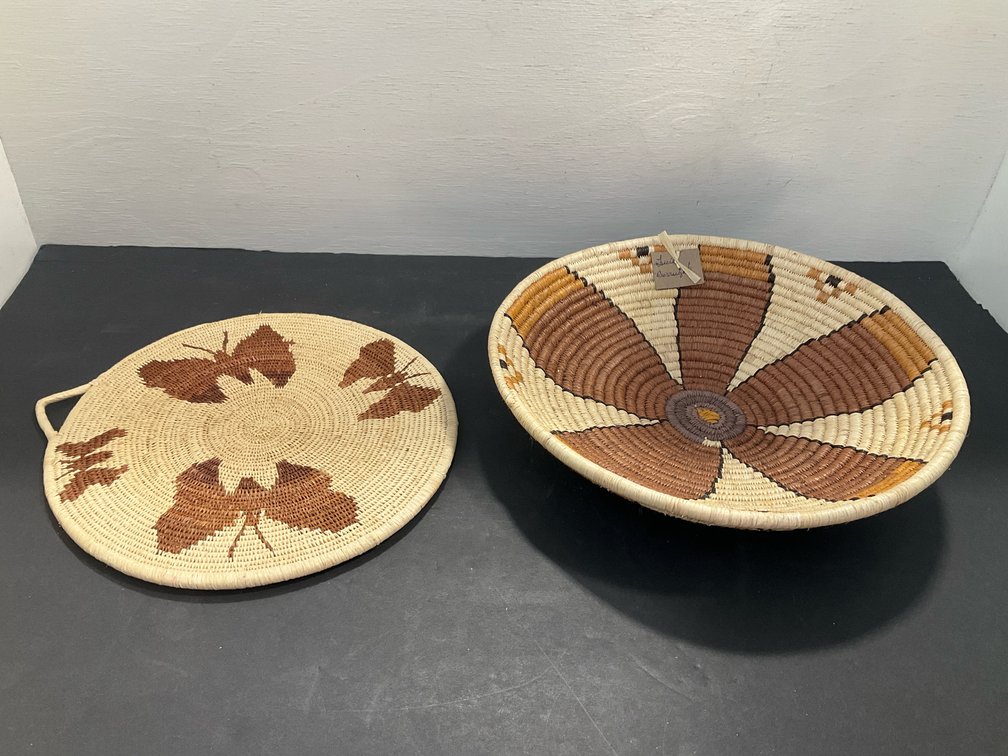 Coiled woven basket with butterfly & geometric motifs
