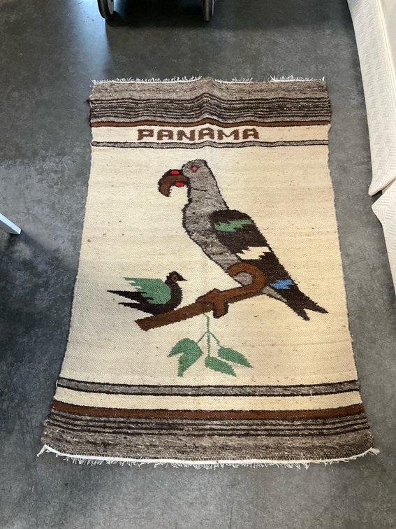 Handwoven Panama bird motif textile rug