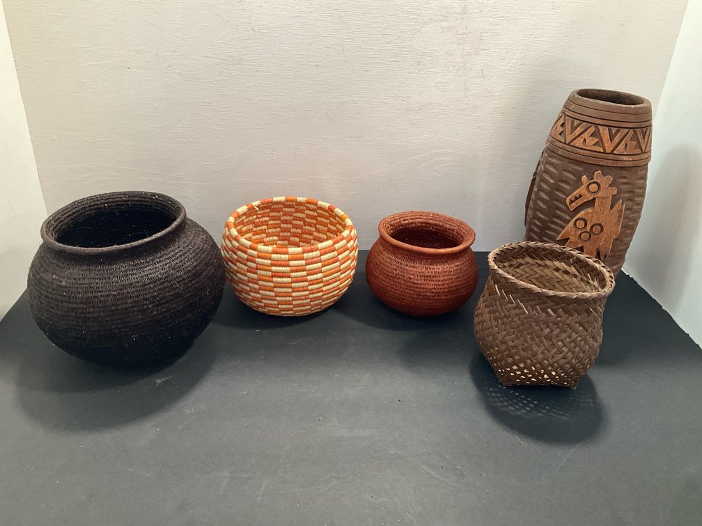 Grouping of woven baskets & carved wood vessel