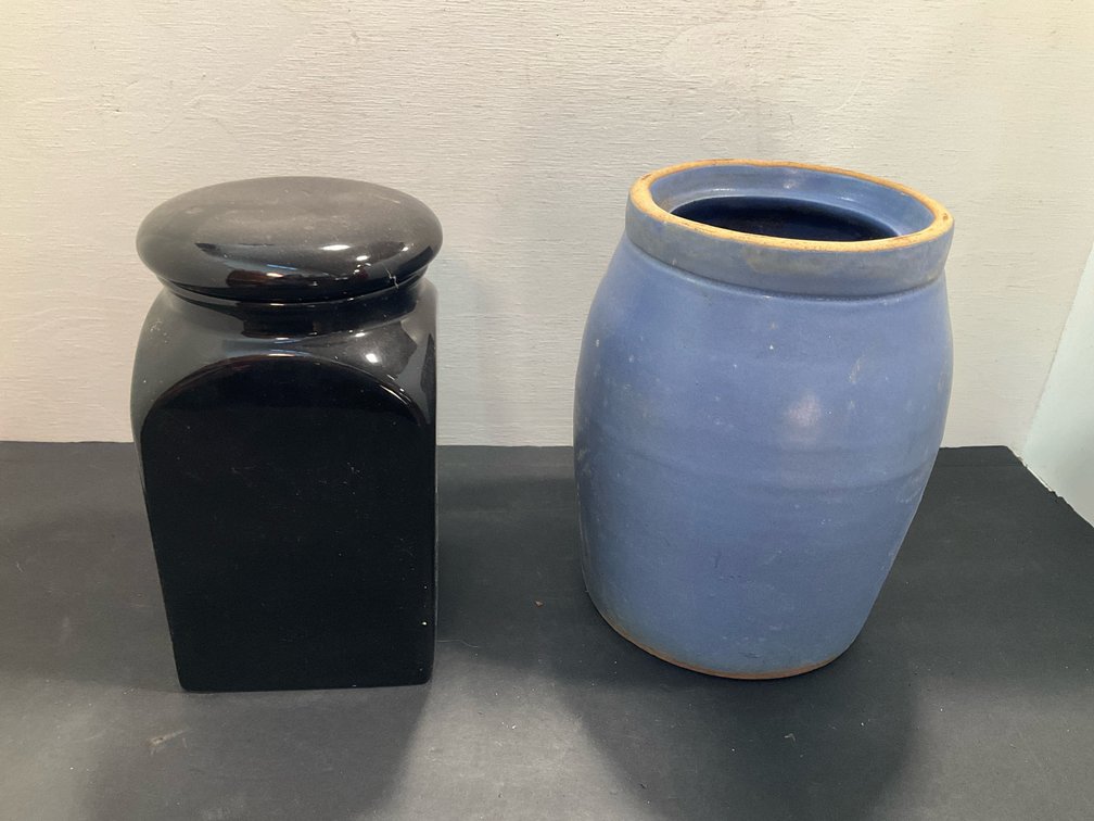 Black ceramic canister with lid & blue stoneware crock