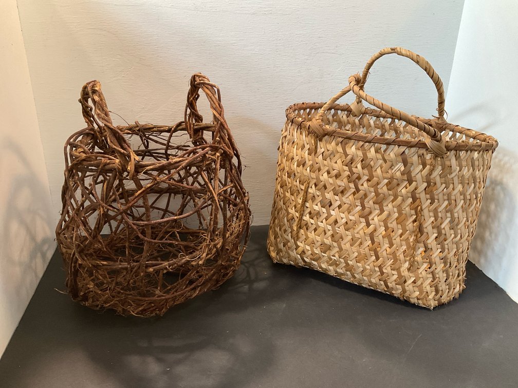 Pair of woven vine & split-wood baskets