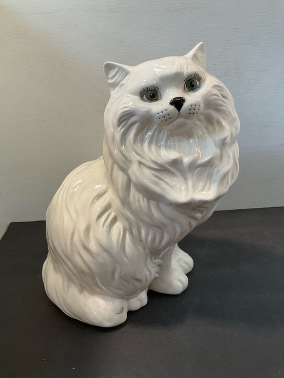 White glazed ceramic seated long-haired cat figurine