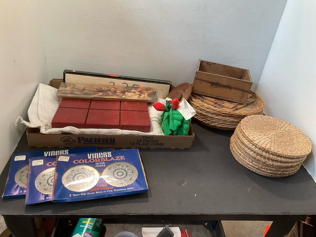 Grouping of tabletop decor, Whitman's crate & magazines