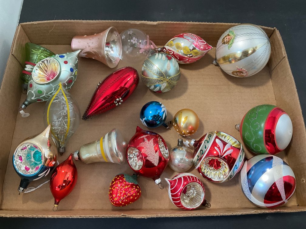 Grouping of glass Christmas tree ornaments