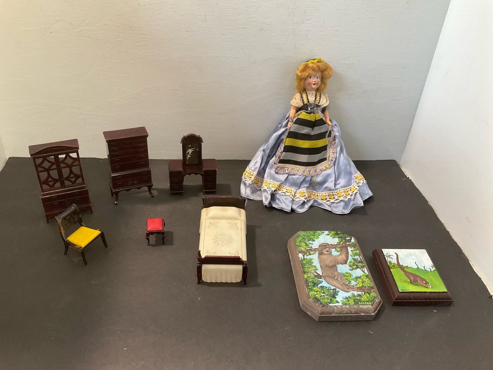 Dollhouse furniture, doll & painted wood plaques