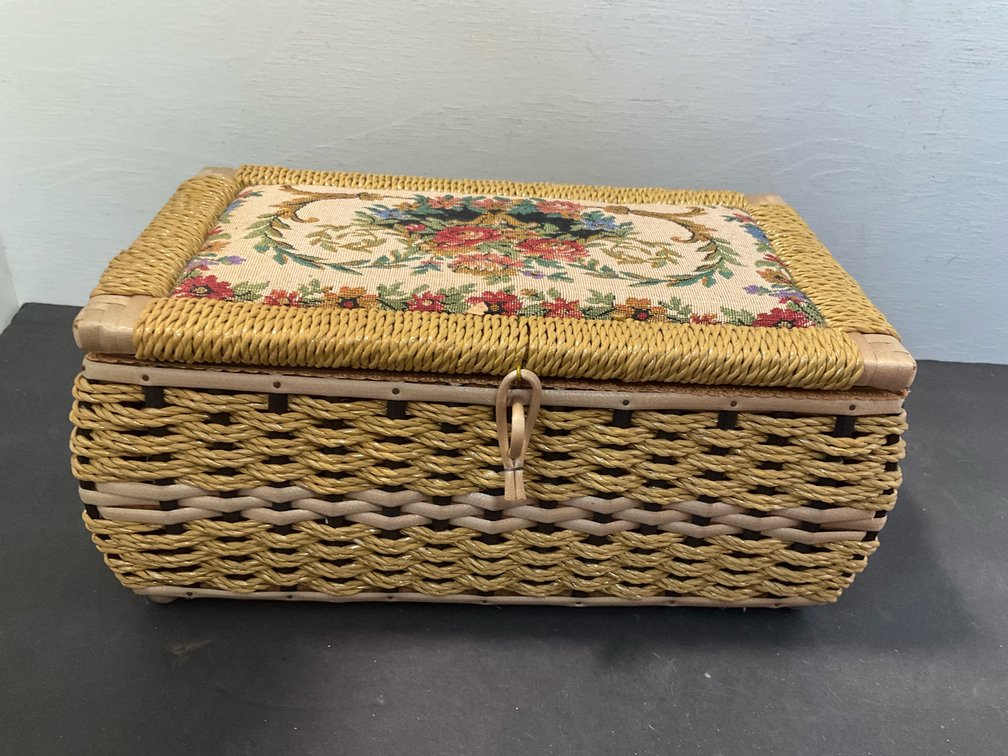 Woven sewing basket with floral tapestry lid