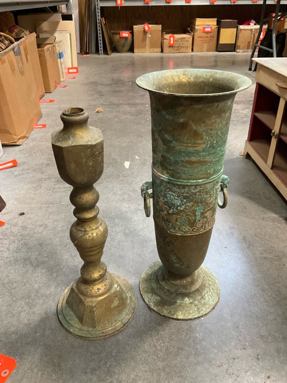 Patinated metal floor urn & baluster candlestick
