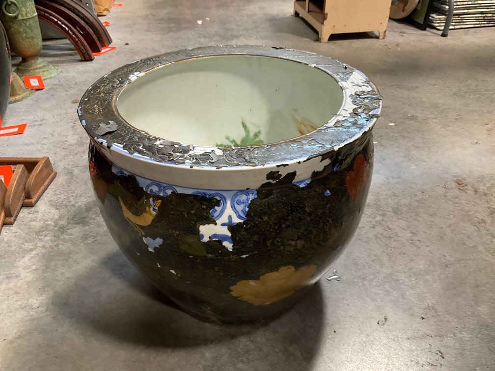 Ceramic fish bowl planter with painted goldfish interior
