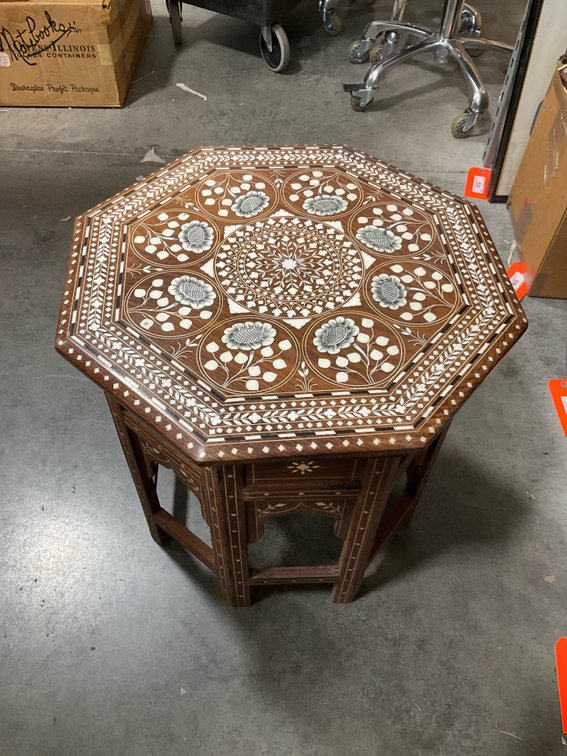 Octagonal wood side table with floral inlay