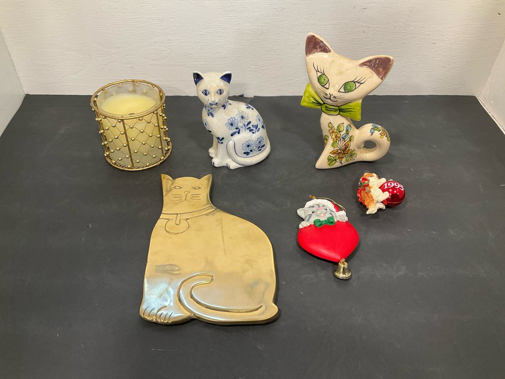 Grouping of cat-themed decor, ornaments & candle holder