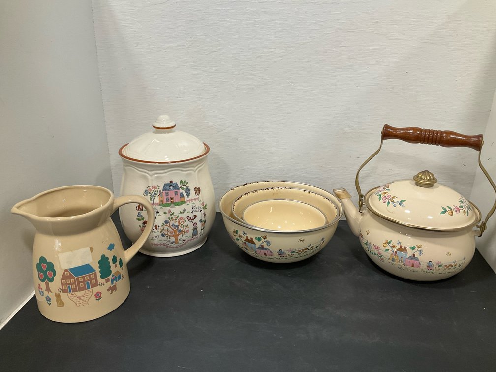 Country village enamelware & ceramic kitchenware grouping