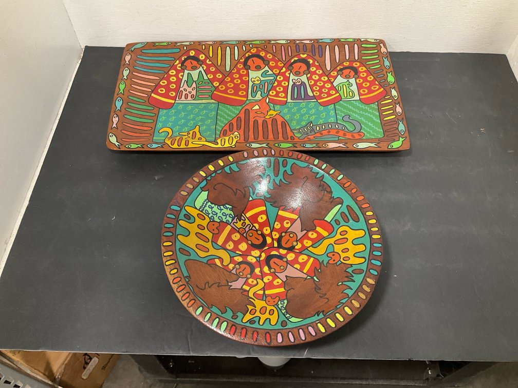 2 painted wooden folk art tray & bowl