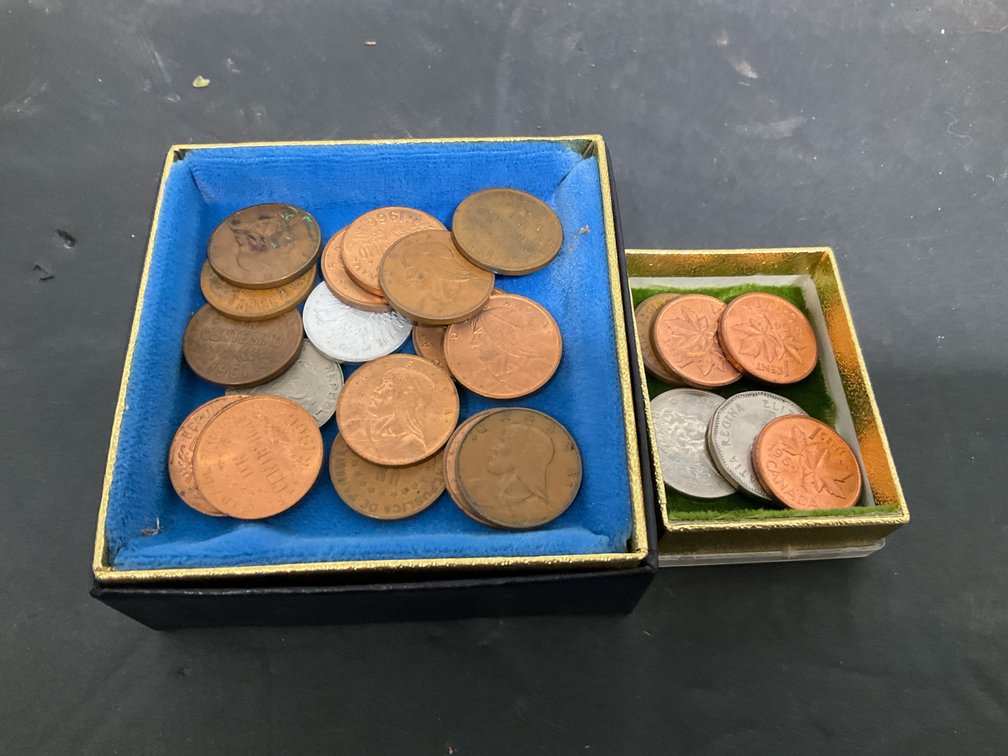Panama, Canada & world coins in 2 display boxes